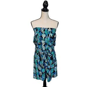 DEREK HEART Womens Strapless Cargo Dress L Palm Tropical Resort Cruise Tie Waist
